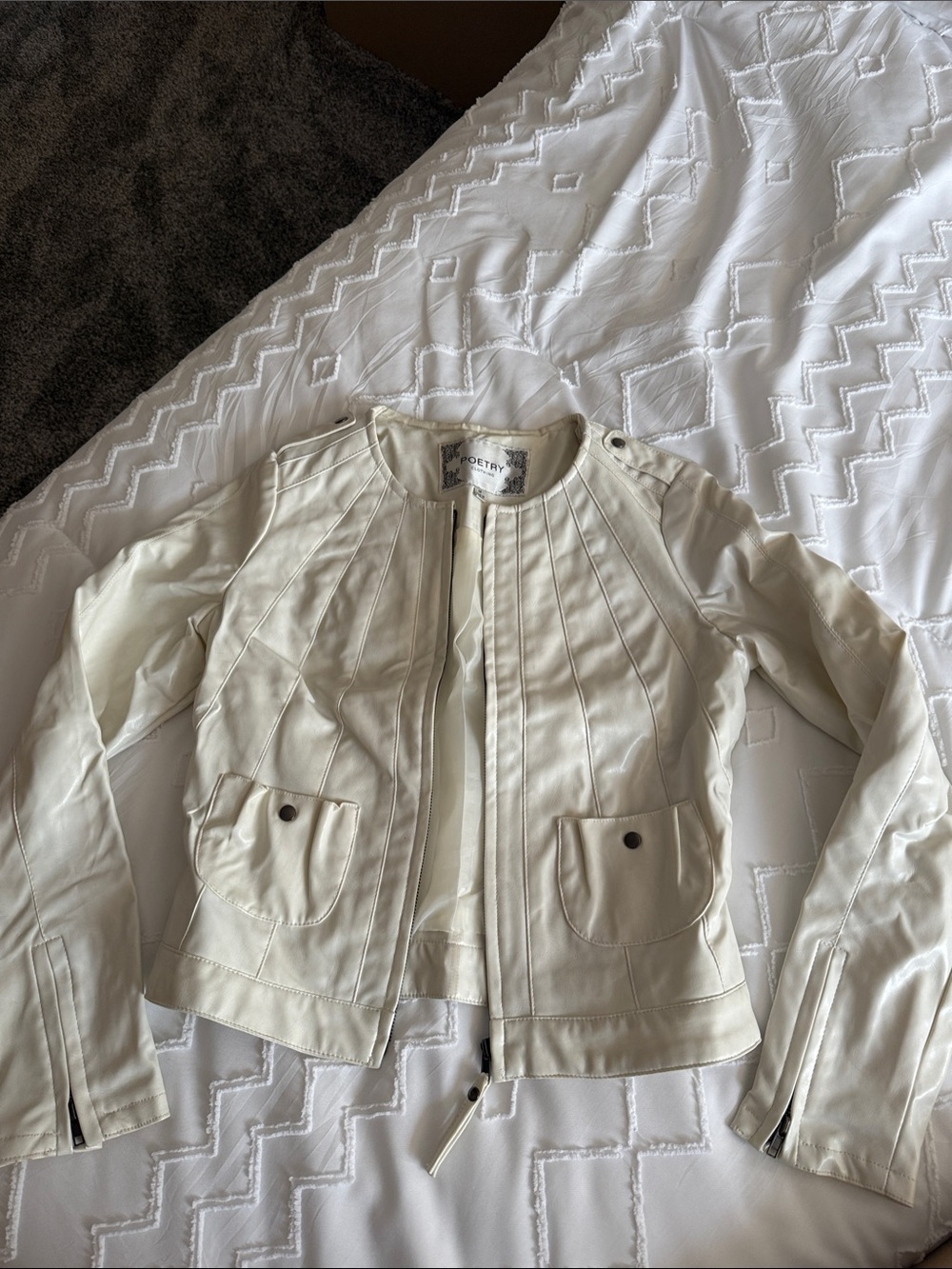 Poetry Cream Leather Jacket with Front Pockets